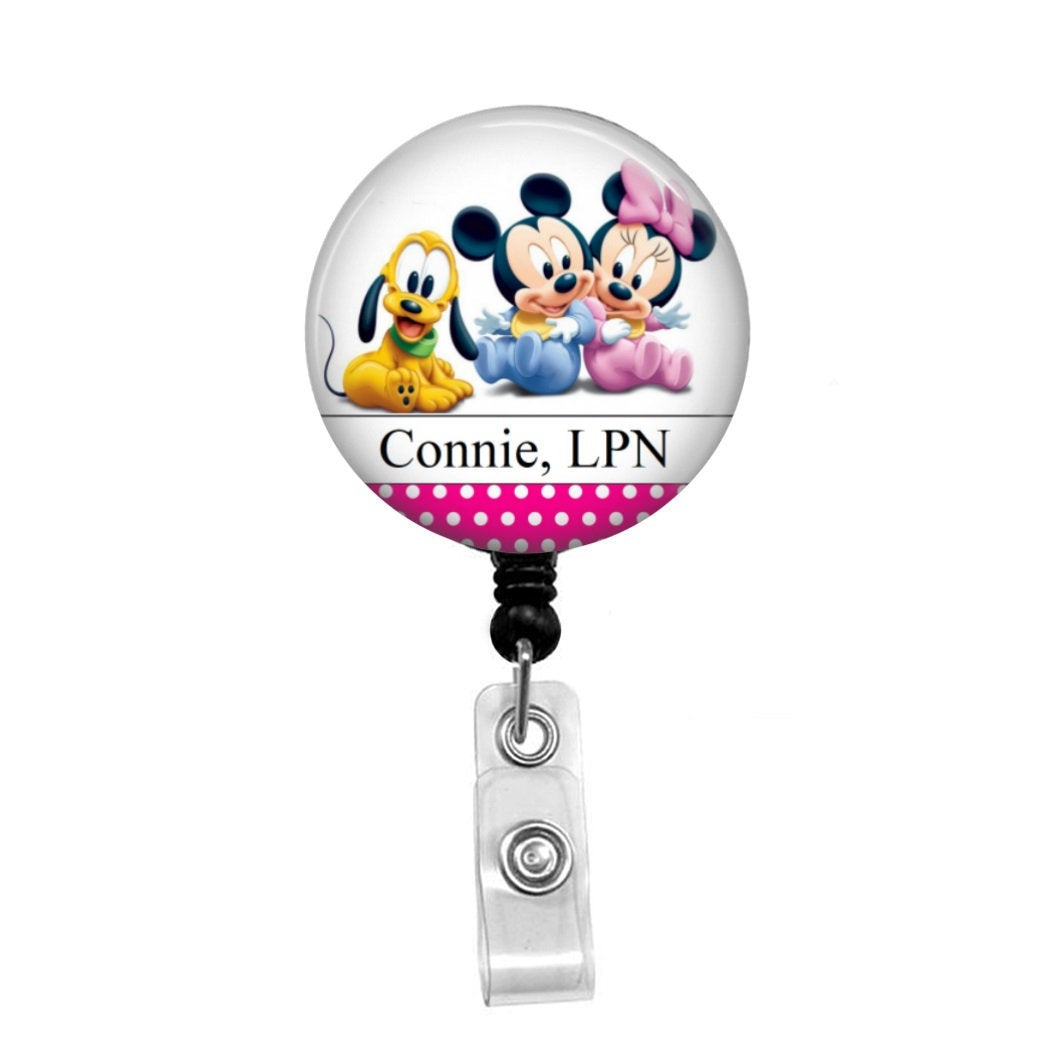 Retractable Badge ID Holder Disney Mickey Mouse and Minnie Mouse Belt Clip  or Alligator Swivel Clip 