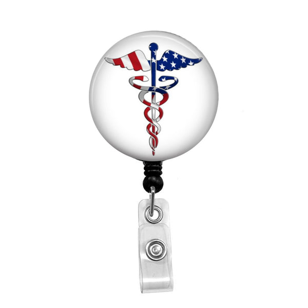 Flag Caduceus, Medical, Doctor, Nursing, Tech - Retractable Badge Holder - Badge Reel - Lanyards - Stethoscope Tag / Style Butch's Badges