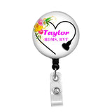 Floral Sonographer Heart, Ultrasound Tech, Personalized - Retractable Badge Holder - Badge Reel - Lanyards - Stethoscope Tag / Style Butch's Badges