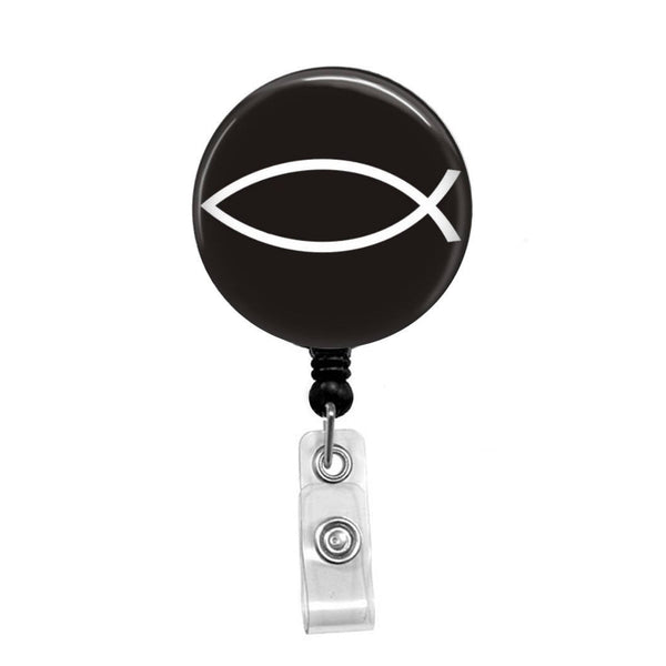 White Jesus Fish with Black Background - Retractable Badge Holder - Badge Reel - Lanyards - Stethoscope Tag / Style Butch's Badges