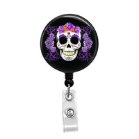 Sugar Skull with Purple Flowers, Day of the Dead Celebration - Retractable Badge Holder - Badge Reel - Lanyards - Stethoscope Tag / Style Butch's Badges