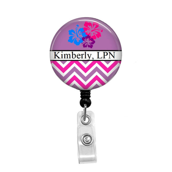 Flowers & Stripes Personalized Badge, Add your Name and Credentials -Retractable Badge Holder - Badge Reel - Lanyards - Stethoscope Tag / Style Butch's Badges