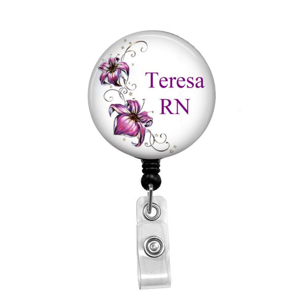 Orchids Personalized Badge, Add your Name and Credentials -Retractable Badge Holder - Badge Reel - Lanyards - Stethoscope Tag / Style Butch's Badges