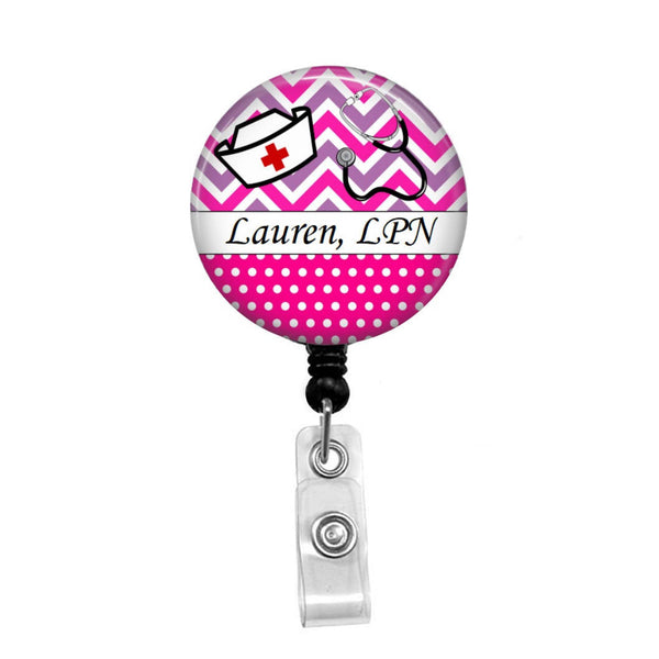 Nurse Hat & Stethoscope Personalized ID Badge - Retractable Badge Holder - Badge Reel - Lanyards - Stethoscope Tag / Style Butch's Badges