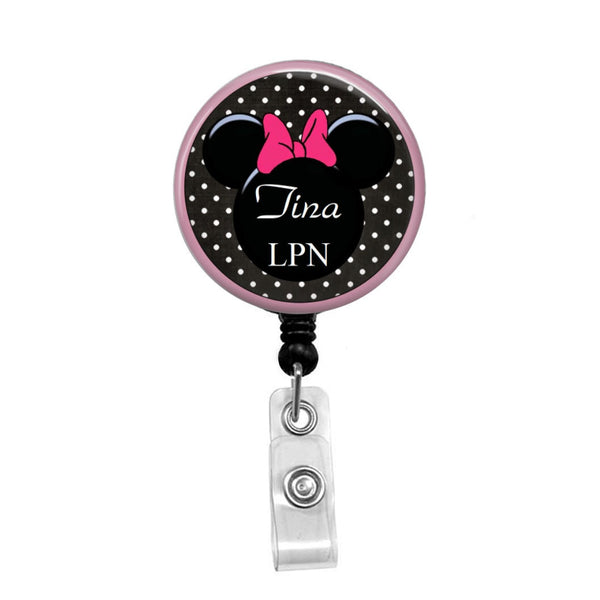 Mouse Ears with Pink Bow, Personalize the Name & Credentials - Retractable Badge Holder - Badge Reel - Lanyards - Stethoscope Tag / Style Butch's Badges
