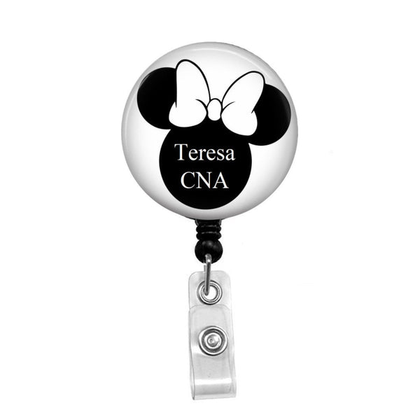 Mouse Ears with White Bow, Personalize the Name & Credentials - Retractable Badge Holder - Badge Reel - Lanyards - Stethoscope Tag / Style Butch's Badges