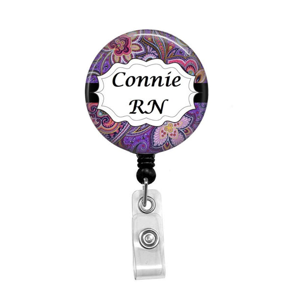 Purple Paisley Print, Personalized Badge, Add your Name and