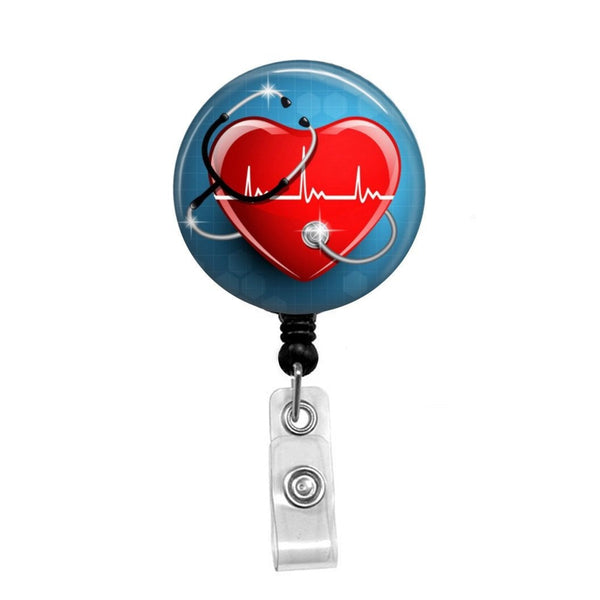 Heartbeat with Stethoscope - Retractable Badge Holder - Badge Reel - Lanyards - Stethoscope Tag / Style Butch's Badges