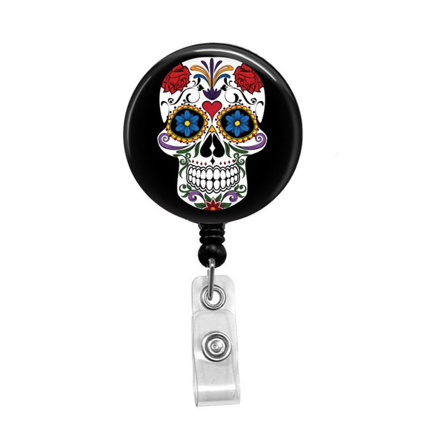 Flower Sugar Skull, Day of the Dead Celebration - Retractable Badge Holder  - Badge Reel - Lanyards - Stethoscope Tag – Butch's Badges