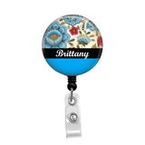 Large Blue Flower Paisley Personalized Badge - Retractable Badge Holder - Badge Reel - Lanyards - Stethoscope Tag / Style Butch's Badges