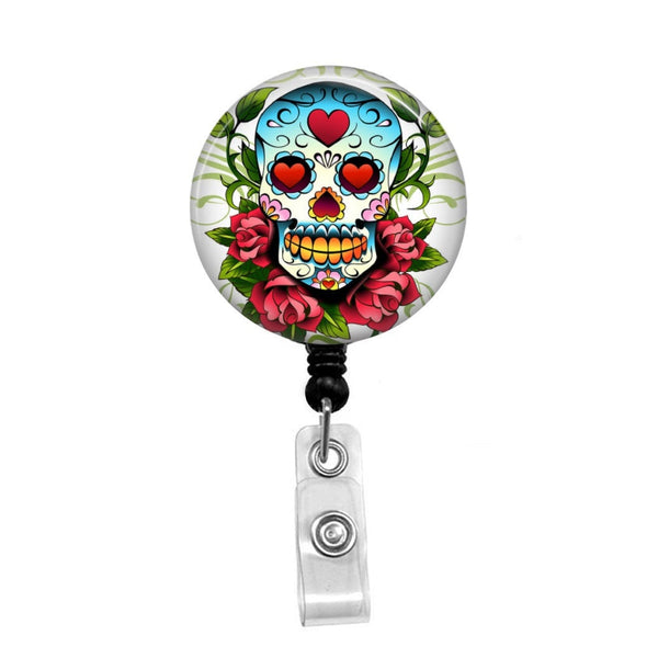Sugar Skull with Roses, Day of the Dead Celebration - Retractable Badge Holder - Badge Reel - Lanyards - Stethoscope Tag / Style Butch's Badges