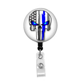 Blue Line Flag, Punisher Skull - Retractable Badge Holder - Badge Reel - Lanyards - Stethoscope Tag / Style Butch's Badges