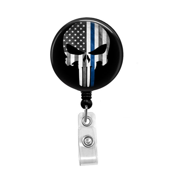Blue Line Punisher Flag - Retractable Badge Holder - Badge Reel - Lanyards - Stethoscope Tag / Style Butch's Badges