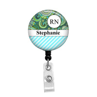 Blue Green Paisley Print Personalized Badge - Retractable Badge Holder - Badge Reel - Lanyards - Stethoscope Tag / Style Butch's Badges