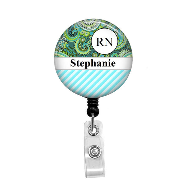 Blue Green Paisley Print Personalized Badge - Retractable Badge