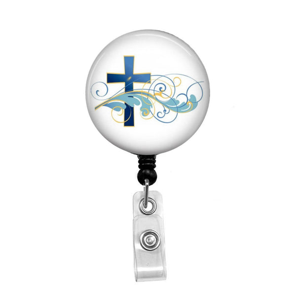 Blue Christian Cross - Retractable Badge Holder - Badge Reel
