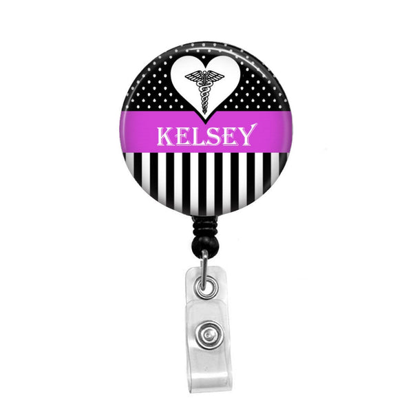 Dots & Stripes with Heart Personalized Badge - Retractable Badge Holder - Badge Reel - Lanyards - Stethoscope Tag / Style Butch's Badges