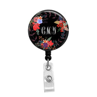 Flower Wreath on Black with Your Name, Initials or Credentials, Monogram -Retractable Badge Holder - Badge Reel - Lanyards - Stethoscope Tag / Style Butch's Badges