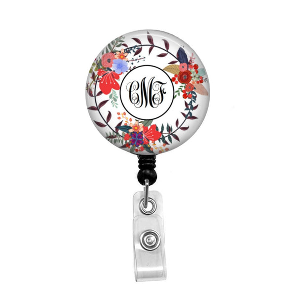 Colorful Flower Wreath with Initials or Credentials, Monogram -Retractable Badge Holder - Badge Reel - Lanyards - Stethoscope Tag / Style Butch's Badges