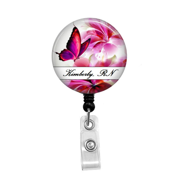 Pink Flowers & Butterfly Personalized ID Badge - Retractable Badge Holder -  Badge Reel - Lanyards - Stethoscope Tag / Style
