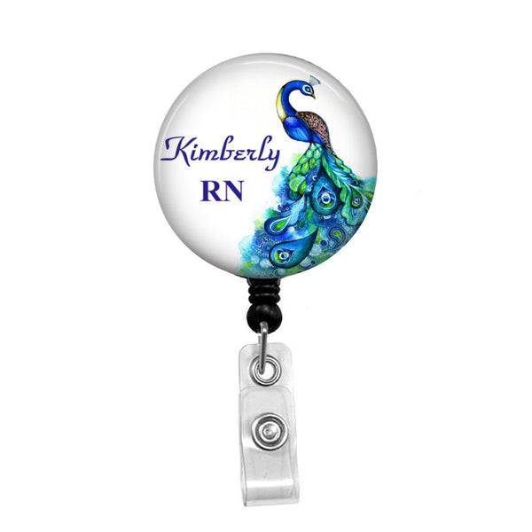 Peacock Personalized Badge, Add your Name and Credentials -Retractable Badge Holder - Badge Reel - Lanyards - Stethoscope Tag / Style Butch's Badges