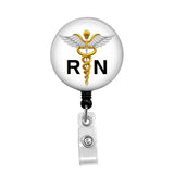 RN with White & Gold Caduceus - Retractable Badge Holder - Badge Reel - Lanyards - Stethoscope Tag / Style Butch's Badges
