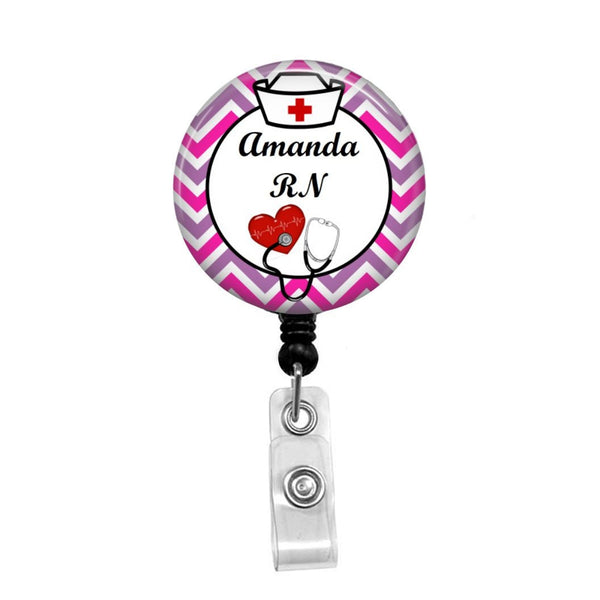 Nurse Hat, Heart & Stethoscope Personalized ID Badge - Retractable Badge Holder - Badge Reel - Lanyards - Stethoscope Tag / Style Butch's Badges