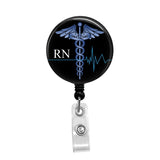 Caduceus on Black with Heartbeat Personalized - Retractable Badge Holder - Badge Reel - Lanyards - Stethoscope Tag / Style Butch's Badges