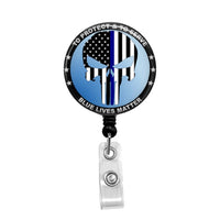 Blue Lives Matter, Blue Line Flag, Punisher Skull - Retractable Badge Holder - Badge Reel - Lanyards - Stethoscope Tag / Style Butch's Badges