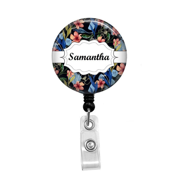 Blue Flower Paisley on Black, Personalized - Retractable Badge Holder - Badge Reel - Lanyards - Stethoscope Tag / Style Butch's Badges