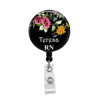 Pink & Yellow Flowers, Personalized Badge, Add your Name and Credentials -Retractable Badge Holder - Badge Reel - Lanyards - Stethoscope Tag / Style Butch's Badges