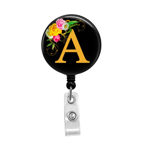 Your Initial with Flowers, Monogram - Retractable Badge Holder - Badge Reel - Lanyards - Stethoscope Tag / Style Butch's Badges