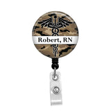 Caduceus on Camo Personalized Badge, Add your Name and Credentials -Retractable Badge Holder - Badge Reel - Lanyards - Stethoscope Tag / Style Butch's Badges