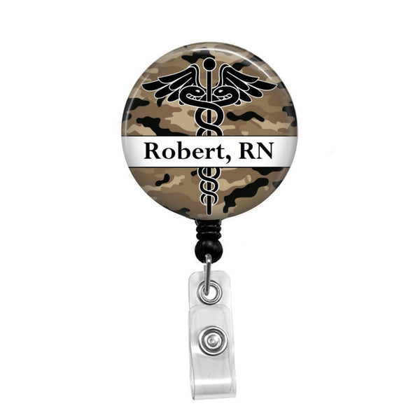 Caduceus on Camo Personalized Badge, Add your Name and Credentials -Retractable  Badge Holder - Badge Reel - Lanyards - Stethoscope Tag – Butch's Badges