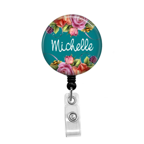 Floral on Teal, Personalized - Retractable Badge Holder - Badge Reel - Lanyards - Stethoscope Tag / Style Butch's Badges