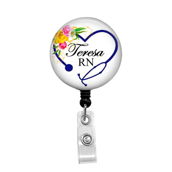 Floral Stethoscope Heart, Personalized - Retractable Badge Holder - Badge Reel - Lanyards - Stethoscope Tag / Style Butch's Badges