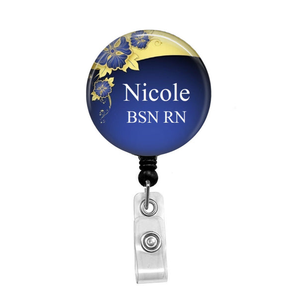 Blue & Gold Floral, Personalized Badge - Retractable Badge Holder