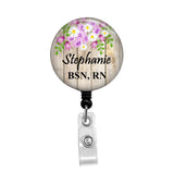 Floral on Wood Background, Personalized - Retractable Badge Holder - Badge Reel - Lanyards - Stethoscope Tag / Style Butch's Badges