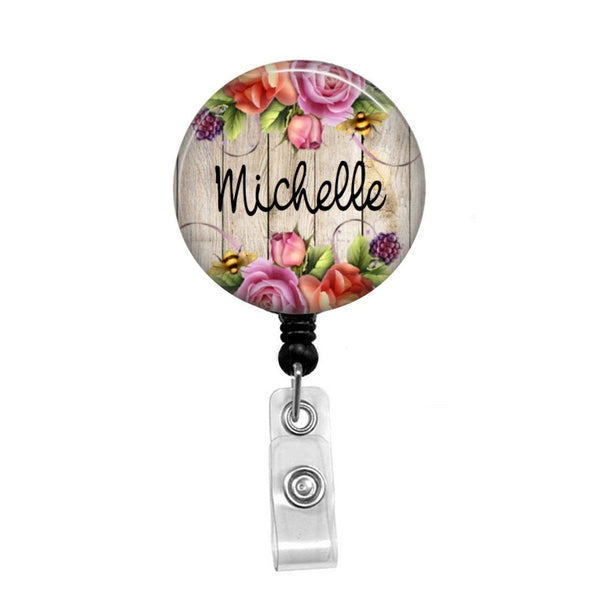 Flowers on Wood Background, Personalized - Retractable Badge Holder - Badge Reel - Lanyards - Stethoscope Tag / Style Butch's Badges